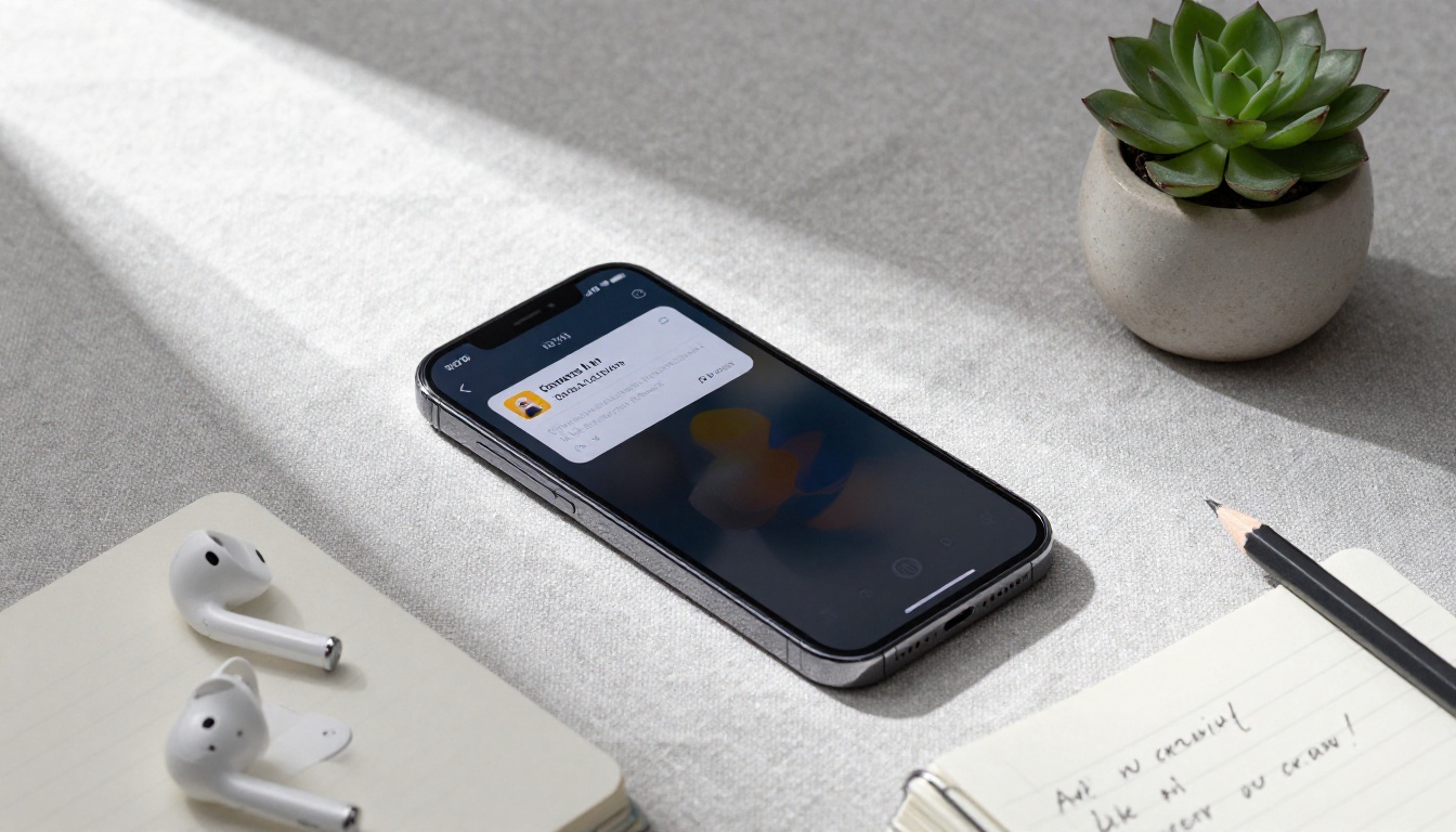 Minimalist tech flat-lay: smartphone with AI chat interface glowing, open wireless earbuds case, handwritten notebook, small succulent in ceramic pot on grey linen Minimalist tech flat-lay: smartphone with AI chat interface glowing, open wireless earbuds case, handwritten notebook, small succulent in ceramic pot on grey linen