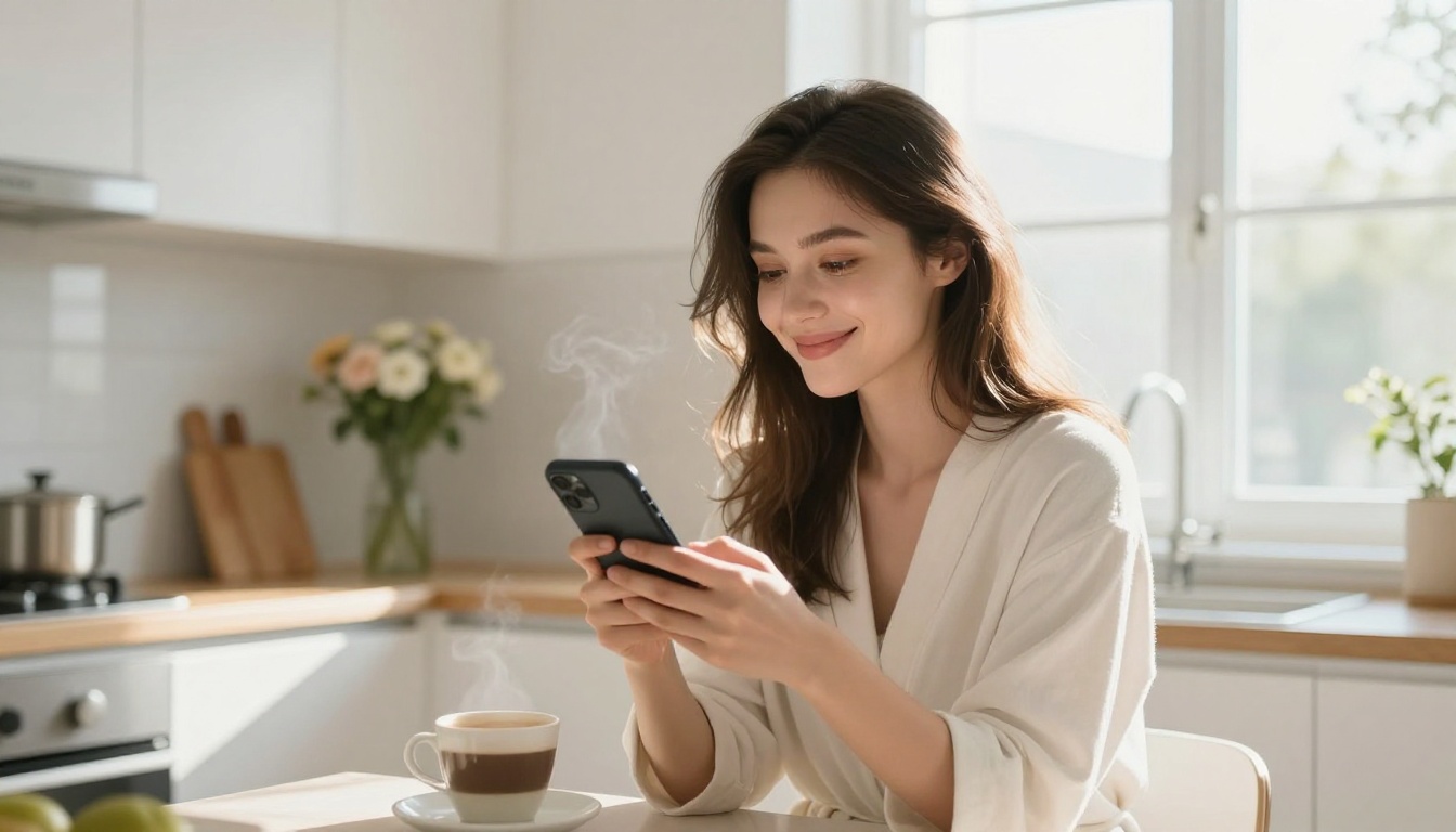 Young woman in a bright modern kitchen on a sunny morning, holding coffee and her phone, looking up with a warm smile, natural daylight flooding in Young woman in a bright modern kitchen on a sunny morning, holding coffee and her phone, looking up with a warm smile, natural daylight flooding in