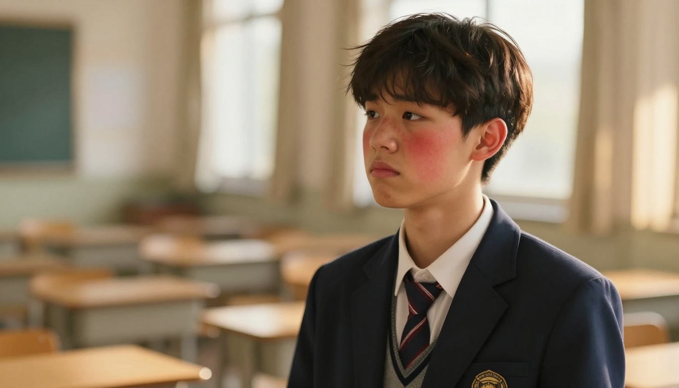 Tsundere husbando with flushed cheeks by a sunlit classroom window, photorealistic 8K