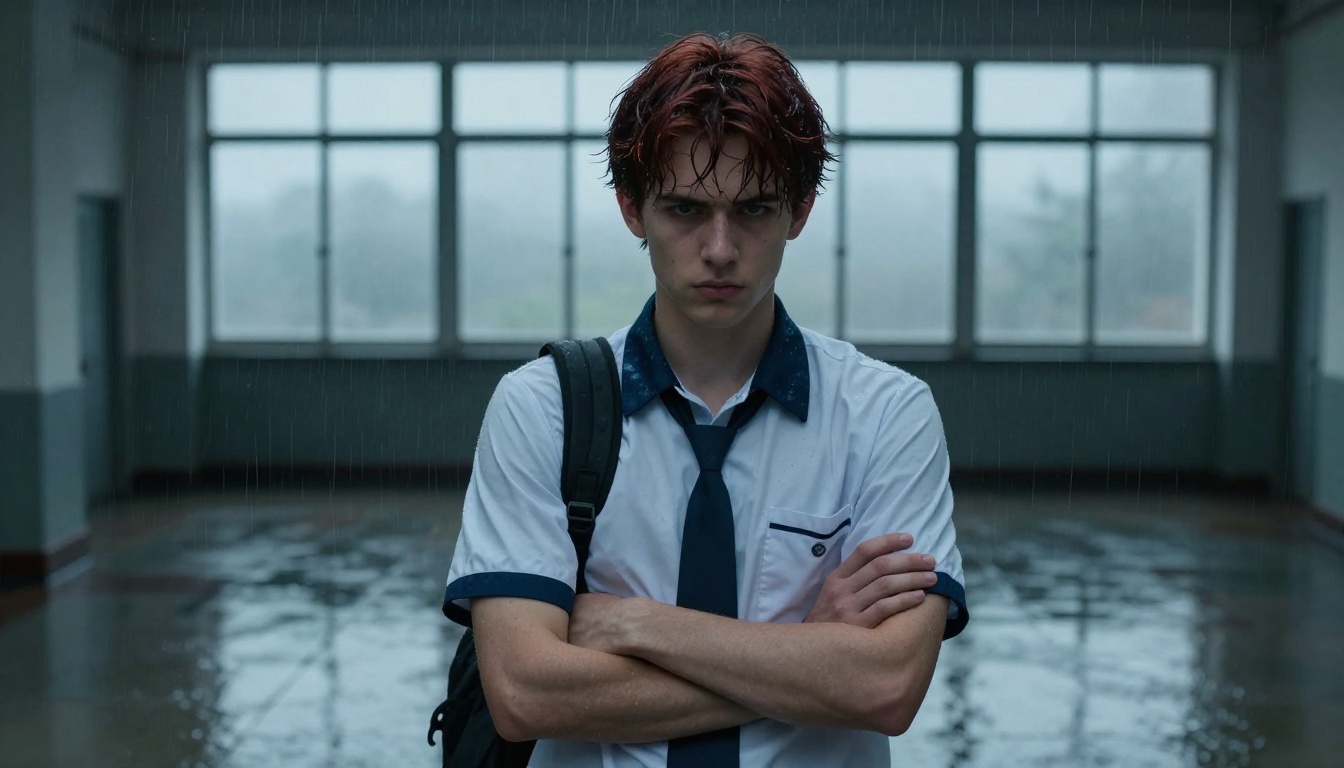 Tsundere husbando cold and composed in a rain-soaked corridor, blue overcast light, photorealistic