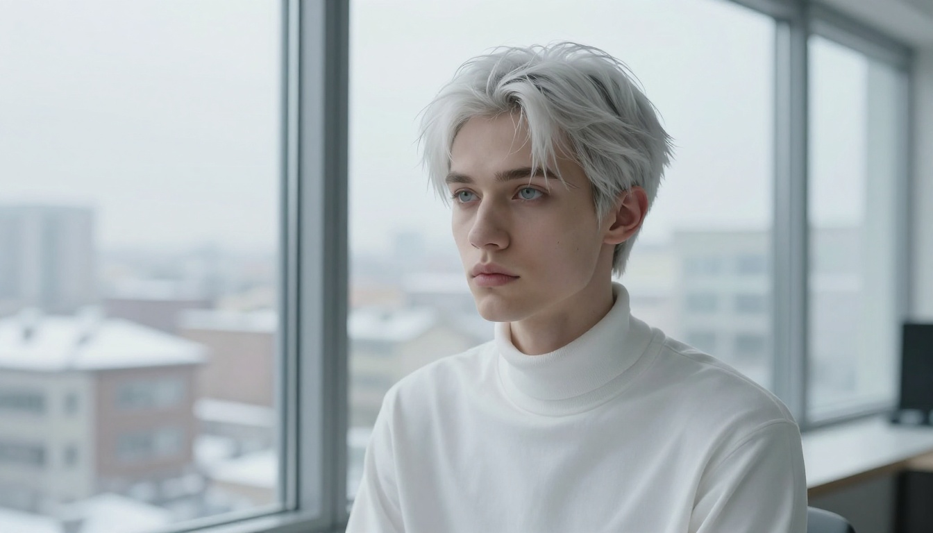 Kuudere husbando with silver hair seated by floor-to-ceiling winter city windows, photorealistic