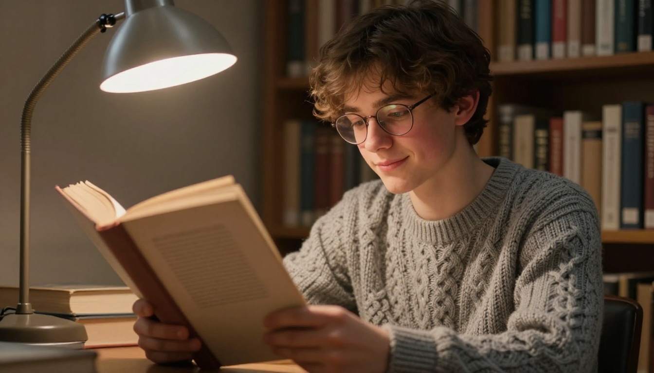 Dandere husbando hiding behind a book in a library corner, bespectacled and rosy-cheeked, photorealistic