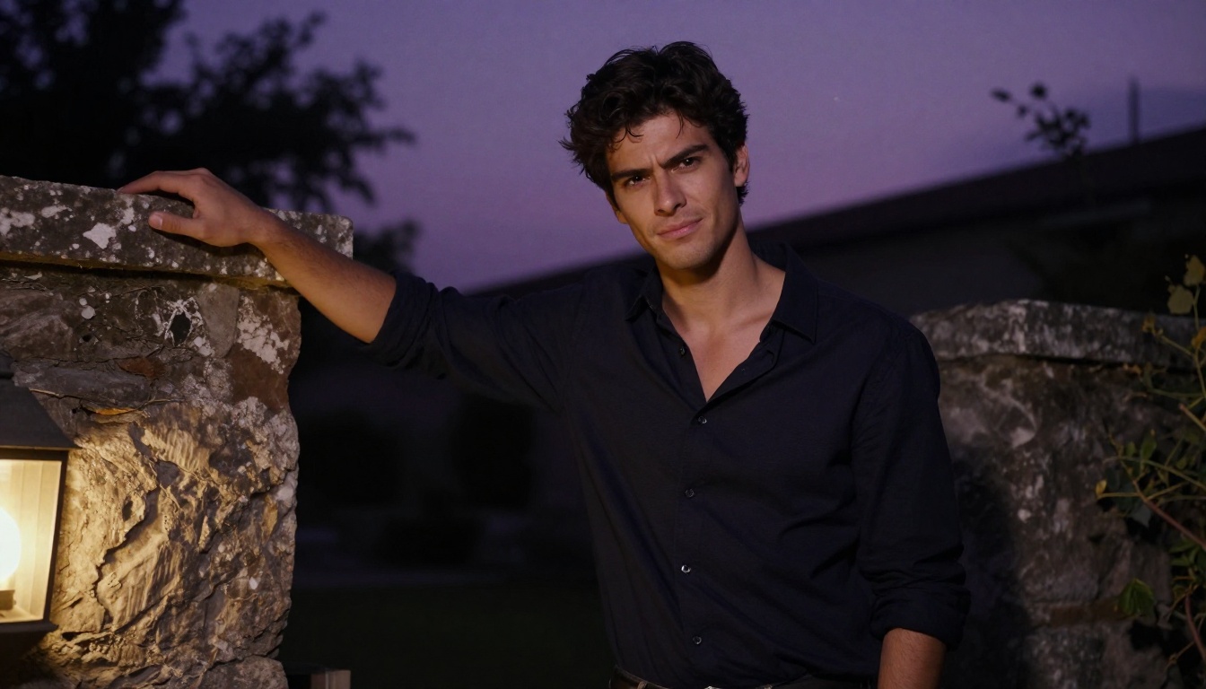 Yandere husbando with obsessive gaze and unsettling smile in a twilight garden, dramatic split lighting, photorealistic