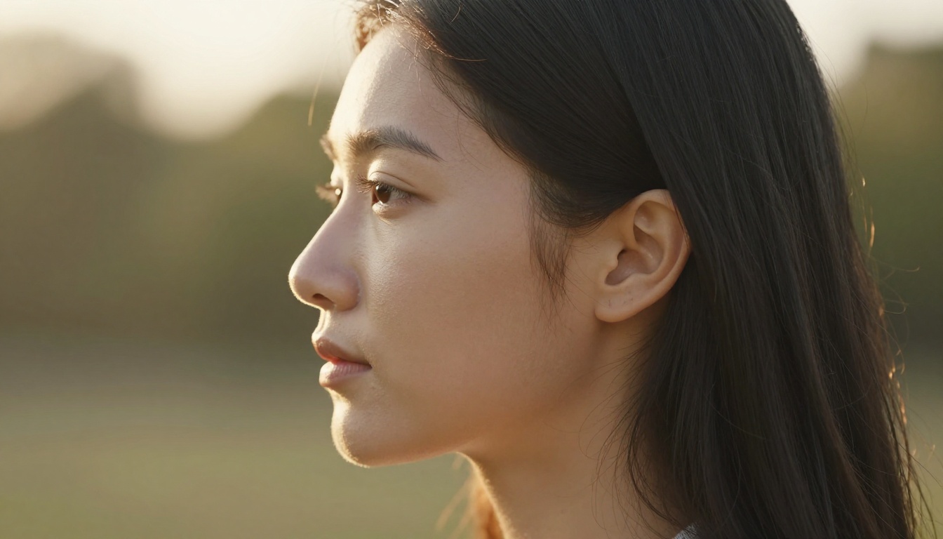Side profile showing natural skin tone gradients and subsurface scattering Side profile showing natural skin tone gradients and subsurface scattering