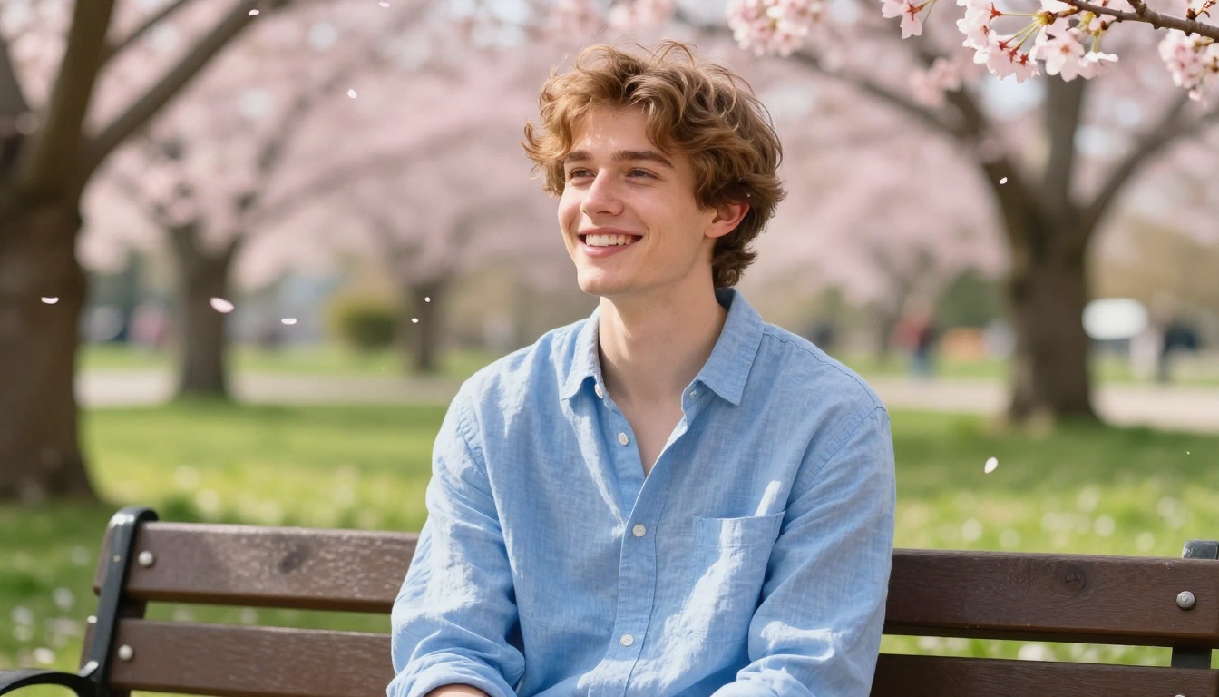 Deredere husbando with open radiant smile in a cherry blossom park, warm spring afternoon light, photorealistic