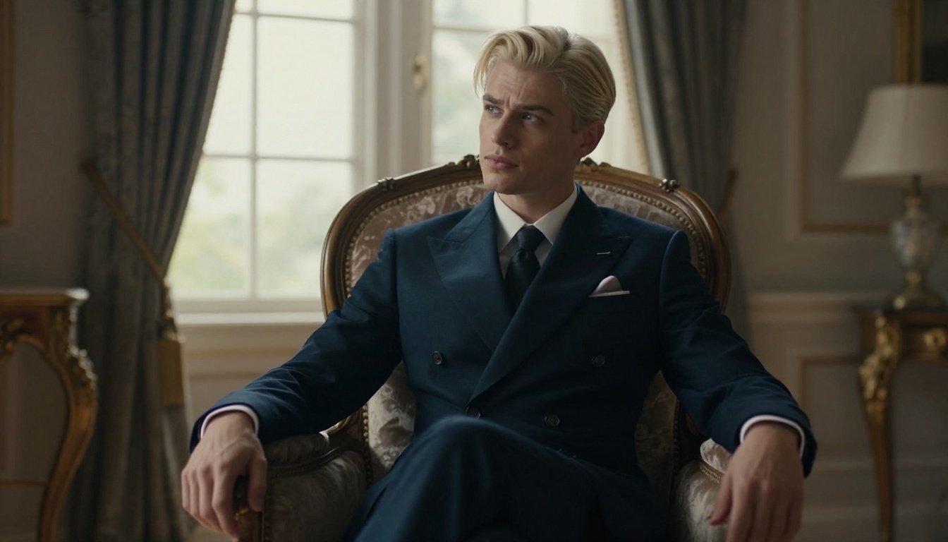 Himedere husbando in aristocratic pose in a grand formal room, directional window light, photorealistic