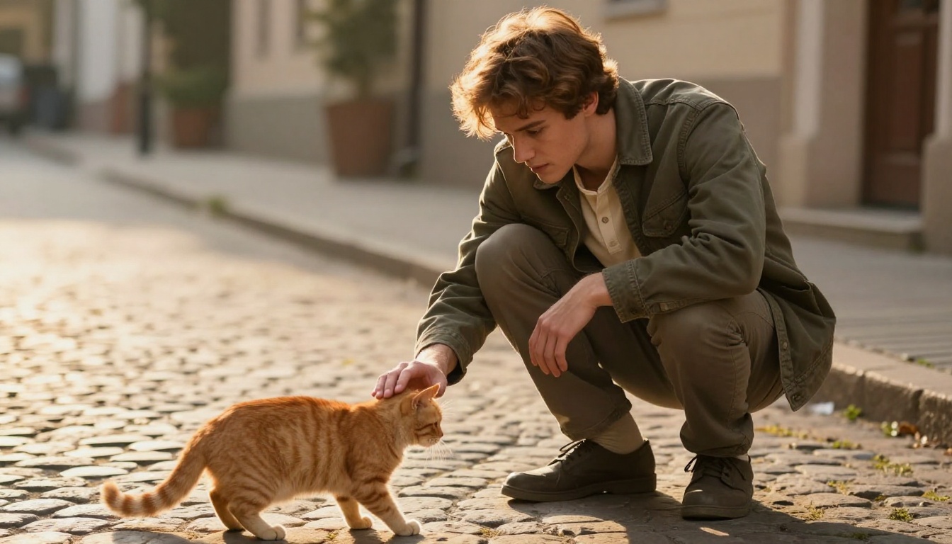 Gentle giant husbando crouching beside a small stray cat on a cobblestone street, golden rim light, photorealistic