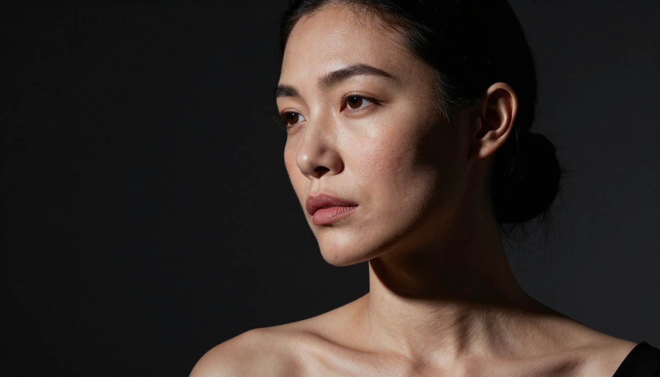 Artistic split-lighting portrait showing detailed skin texture and pore depth in dramatic shadow Artistic split-lighting portrait showing detailed skin texture and pore depth in dramatic shadow