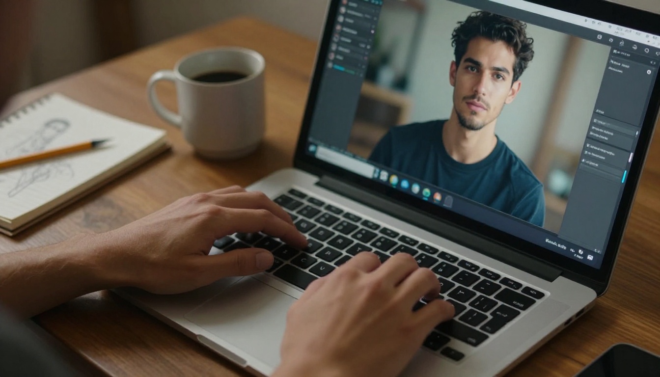 Hands typing on a laptop with an AI character portrait visible on screen, warm desk lamp light, photorealistic
