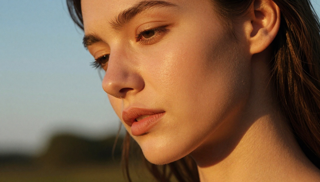 Golden hour intimate portrait with warm amber skin tone gradient and natural pore texture Golden hour intimate portrait with warm amber skin tone gradient and natural pore texture