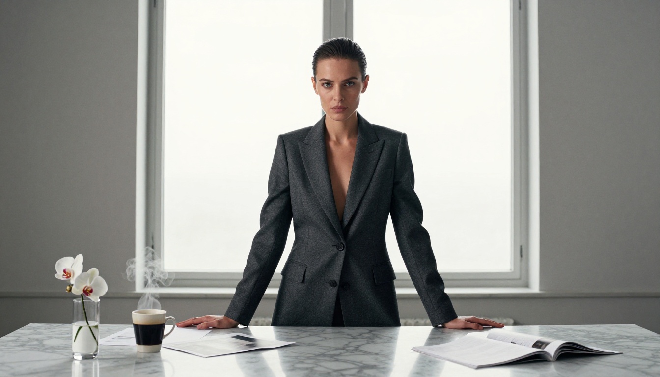 Elegant woman in a charcoal blazer at a marble desk in a Nordic interior, flat overcast window light