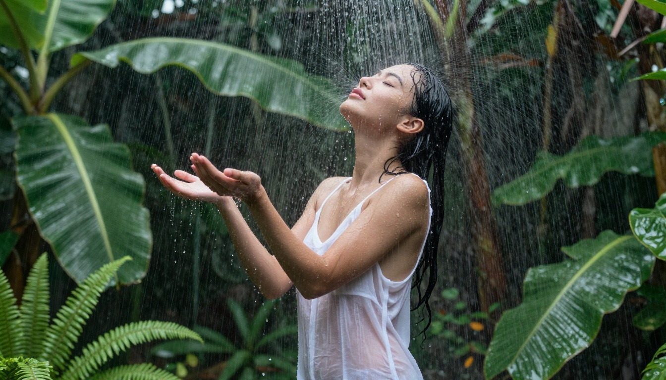 Woman standing in a tropical garden rain shower, thin white sundress, water droplets caught at 1/2000s shutter