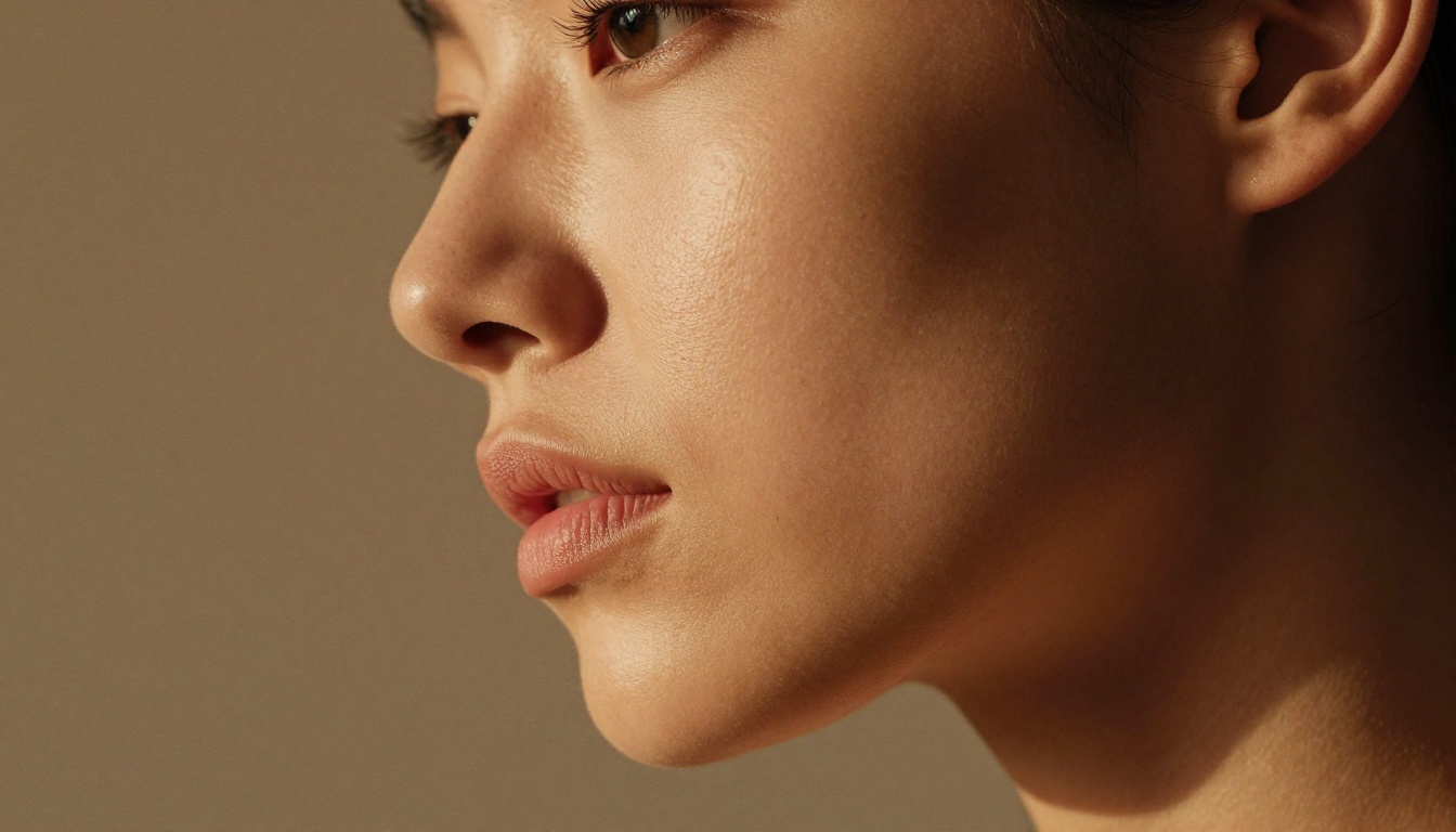 Close-up macro beauty portrait of a woman's face in side-profile, dramatic chiaroscuro spotlight lighting, film grain