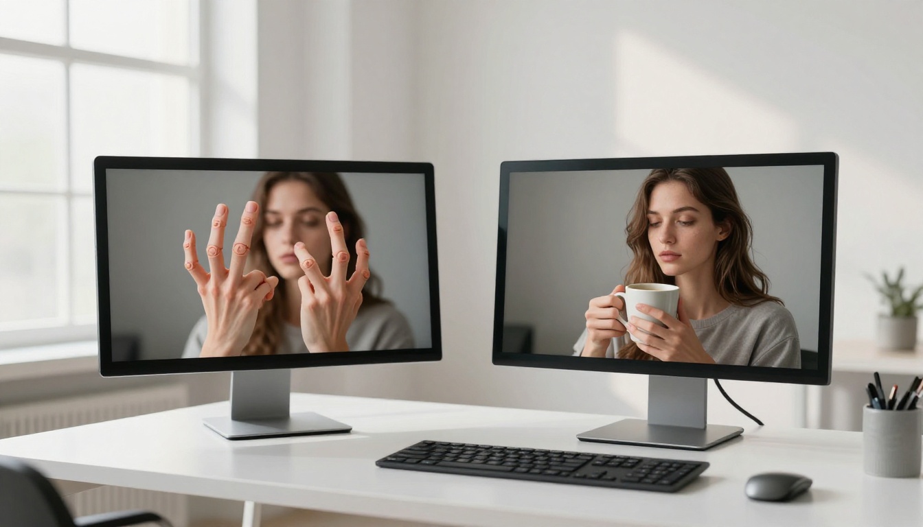 Before and after comparison on a monitor showing distorted AI fingers corrected to natural anatomy