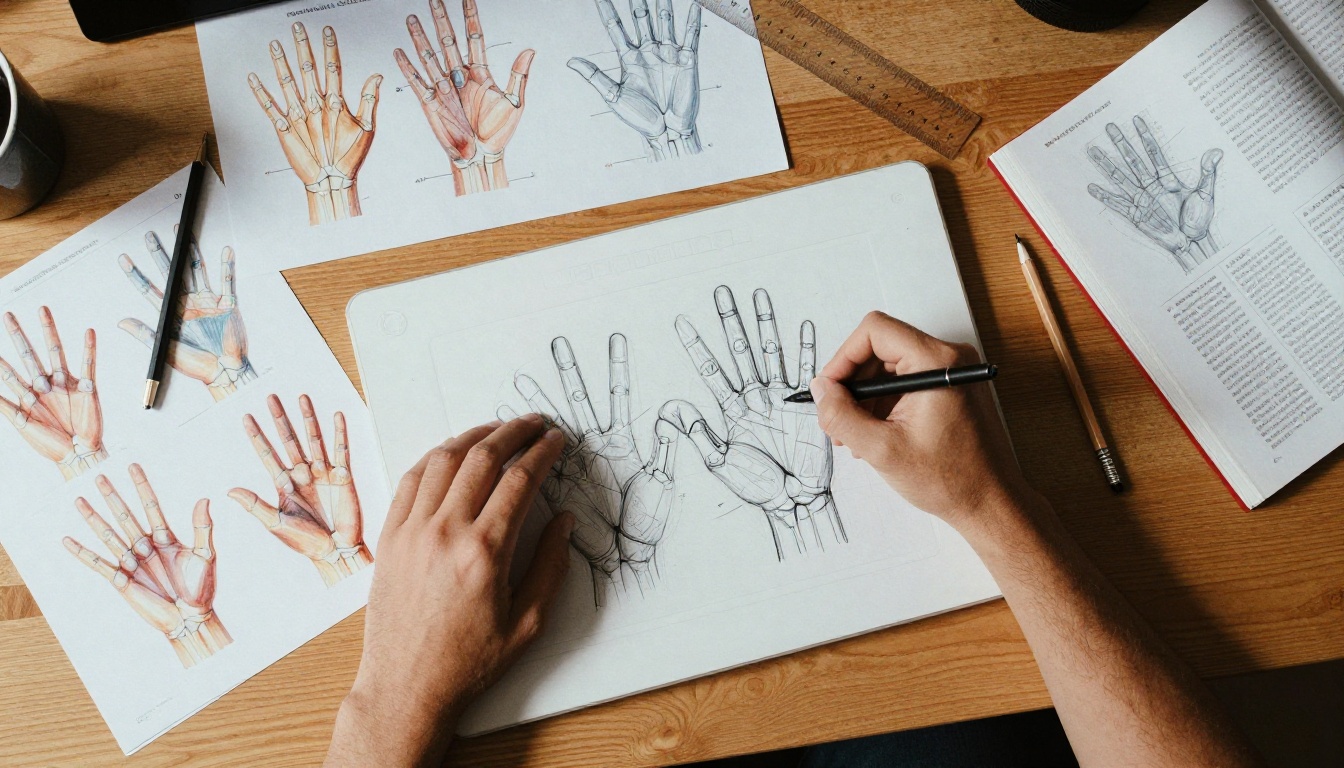 Overhead workspace with hand anatomy reference sheets and drawing tablet for AI pose study