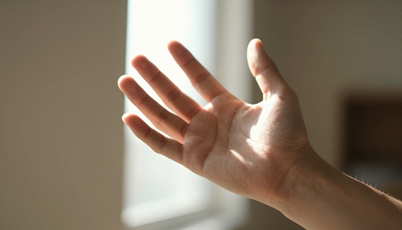 Low angle shot of a hand reaching toward light with translucent skin showing natural anatomy
