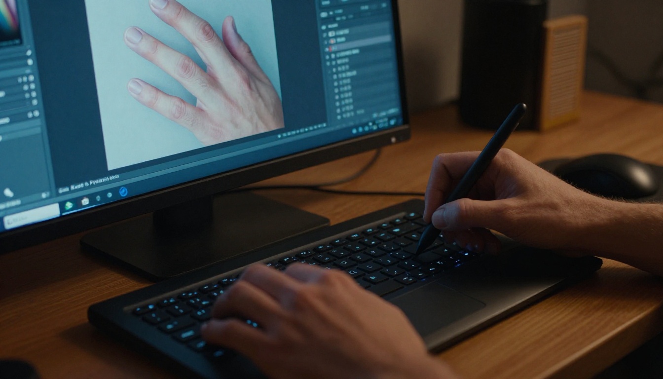 Close-up of a graphic designer using inpainting software to fix finger anatomy in an AI image