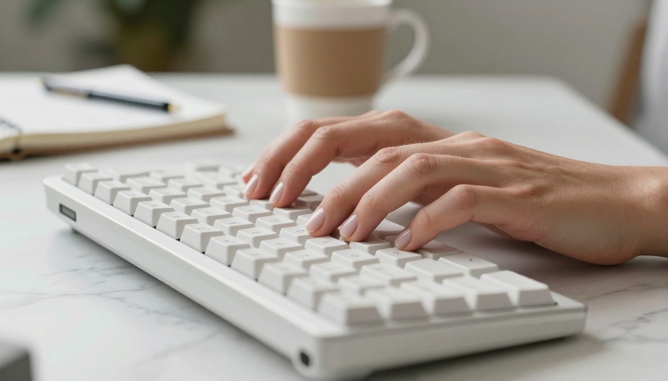 Woman's hands typing on white keyboard showing natural anatomy and realistic skin detail