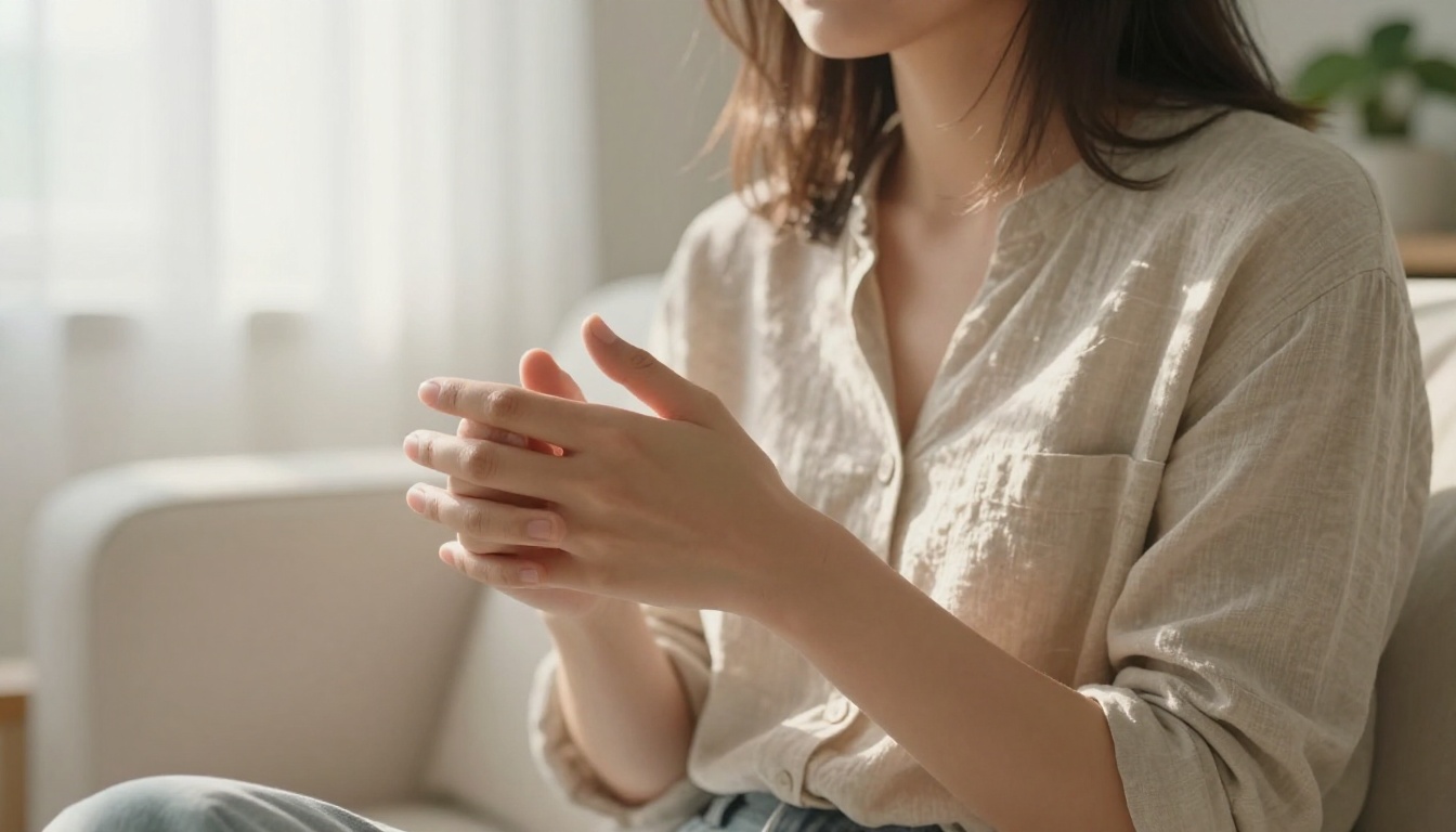 Woman with naturally interlaced fingers in soft afternoon light showing realistic hand anatomy