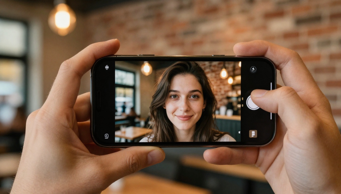 Hand holding a smartphone showing a crisp AI portrait on screen in warm cafe lighting