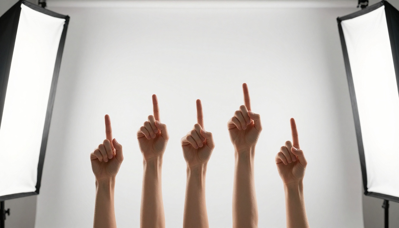 Professional photography studio hand model with perfect anatomy against white seamless backdrop