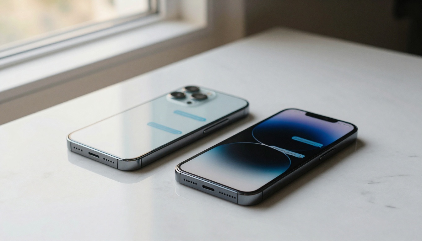 Two smartphones placed side by side on a marble desk comparing chat interfaces