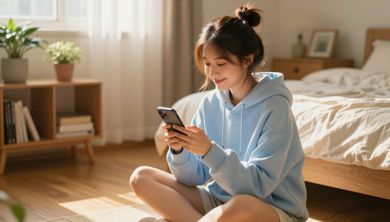 Young Asian woman sitting cross-legged on her bedroom floor smiling at her phone
