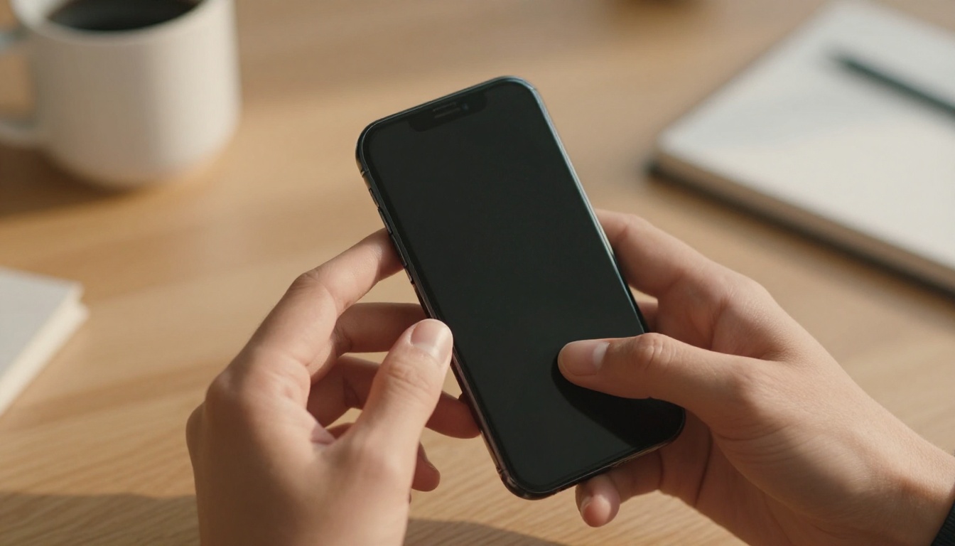 Close-up of hands cupping a smartphone in warm morning light