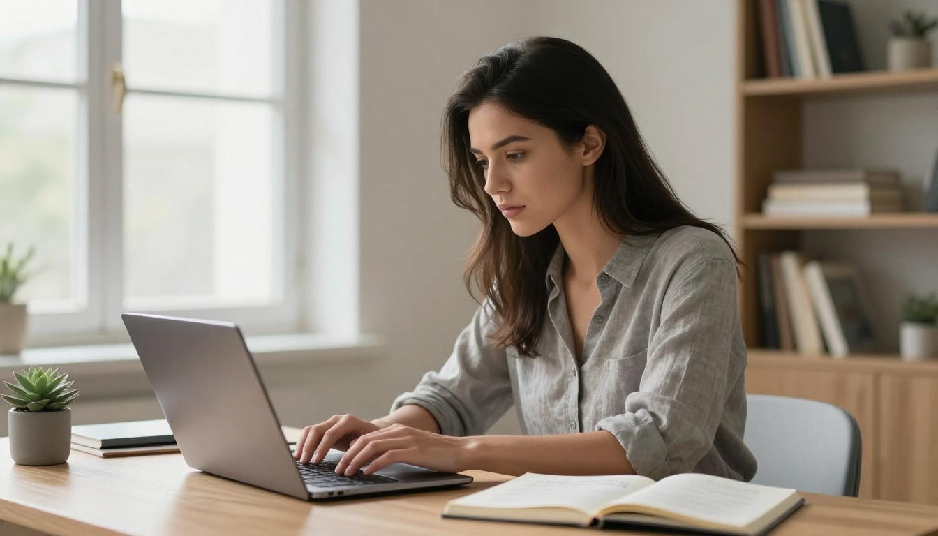 Woman with long dark hair focused at her laptop in a minimal home office