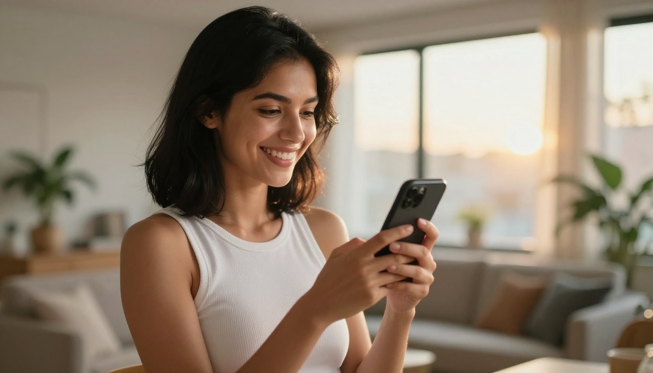 Young woman with shoulder-length dark hair laughing naturally at her phone in a sunny apartment