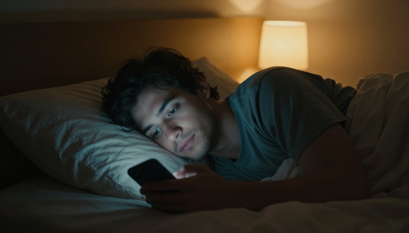 Young man lying in dimly lit bedroom with phone screen illuminating his face in blue-white glow