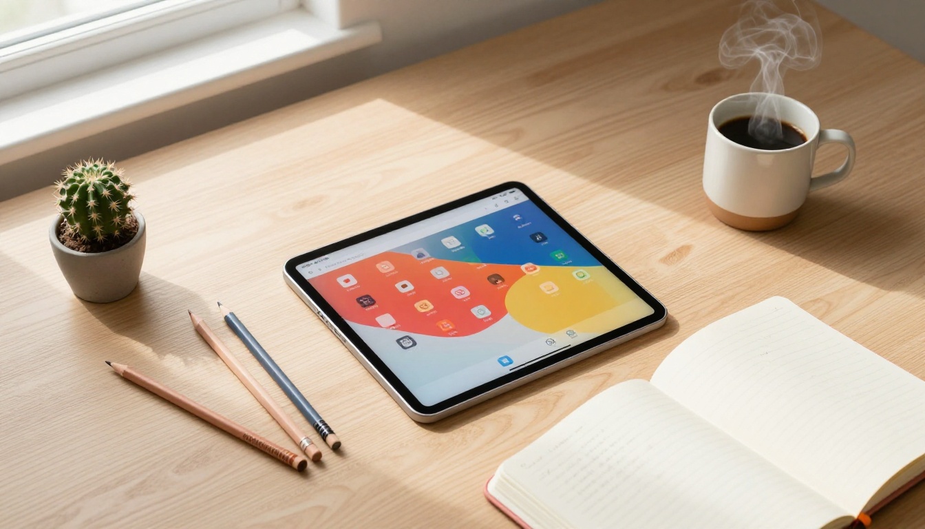 Overhead flat-lay of a creative workspace with a tablet, notebook, cactus, and coffee mug