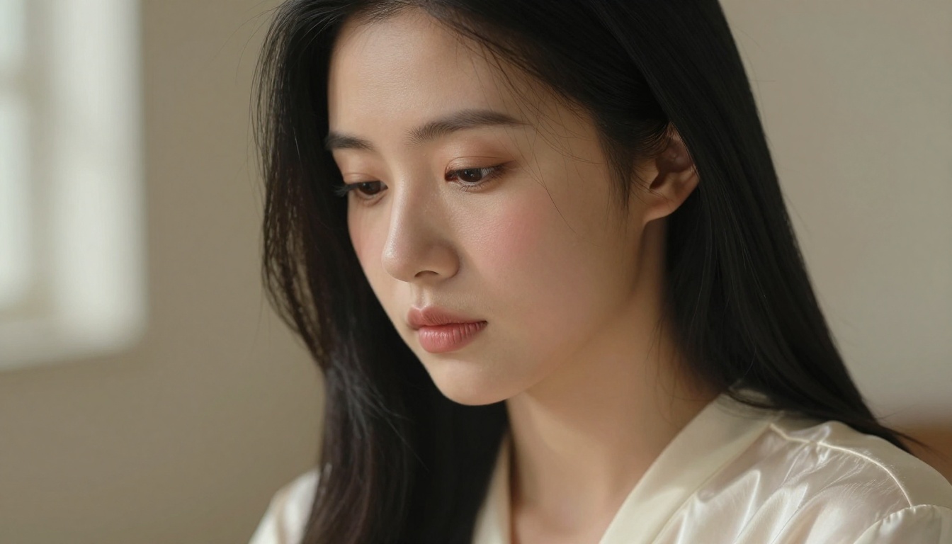 Close-up portrait of a beautiful young Asian woman with contemplative downcast gaze in soft window light