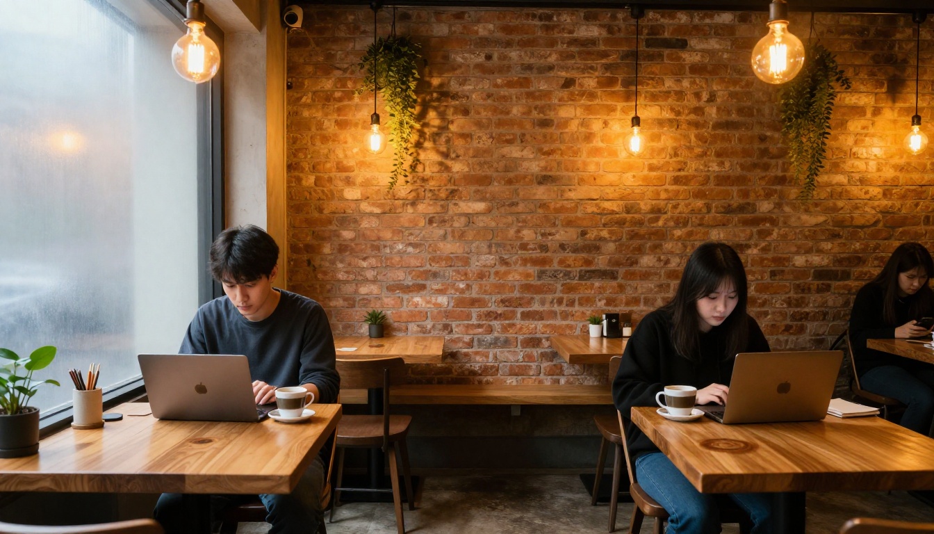Wide-angle view of a cozy cafe with two people focused on their laptops in warm Edison bulb light