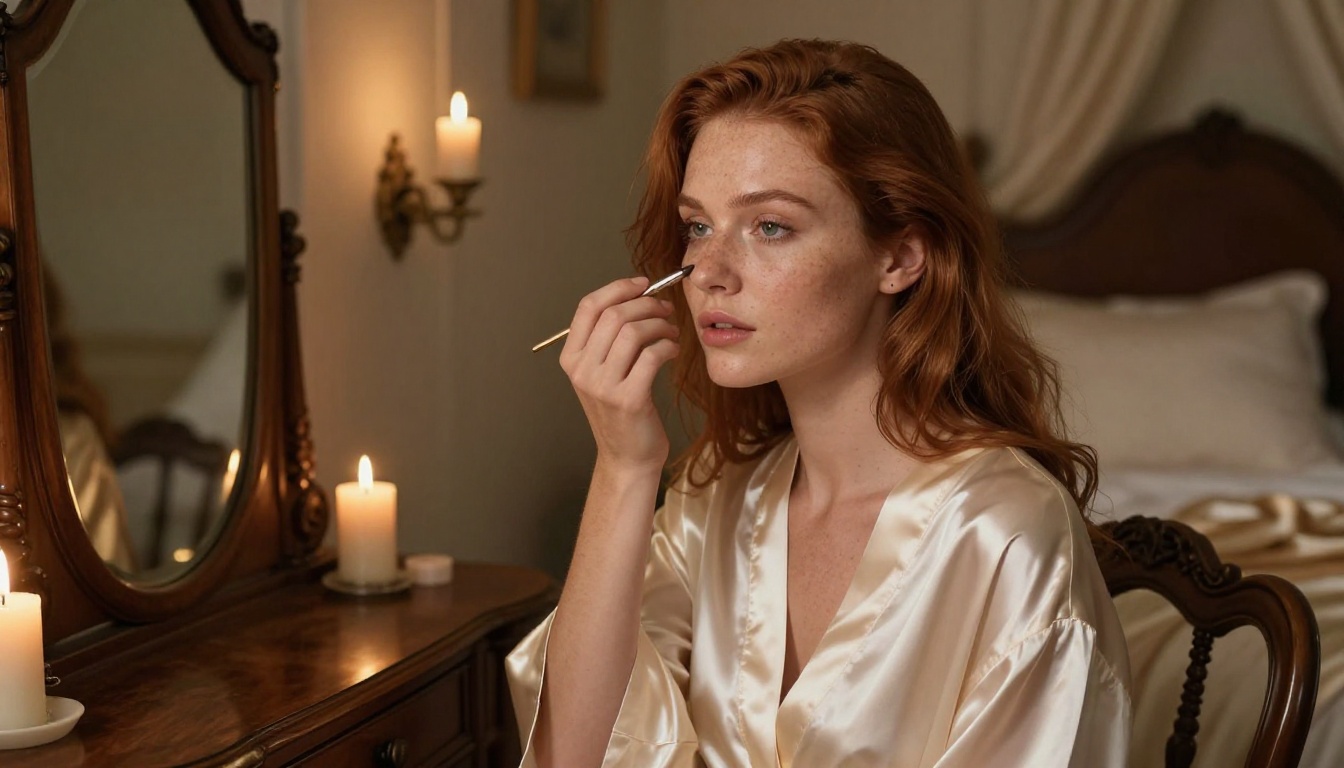 Woman at vanity mirror in candlelight representing intimate realistic photographic composition in AI-generated content