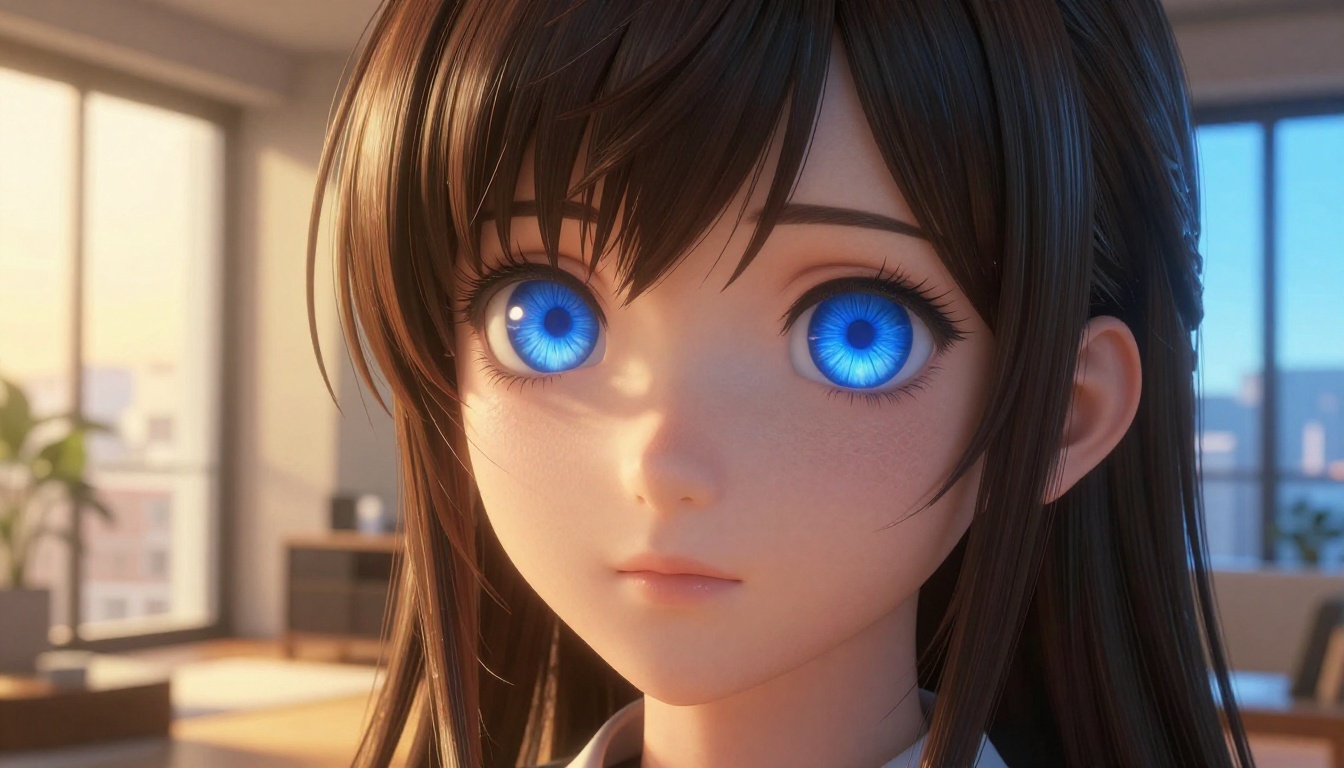 Full 3D anime female character with volumetric hair, subsurface scattering skin, and golden apartment light Full 3D anime female character with volumetric hair, subsurface scattering skin, and golden apartment light