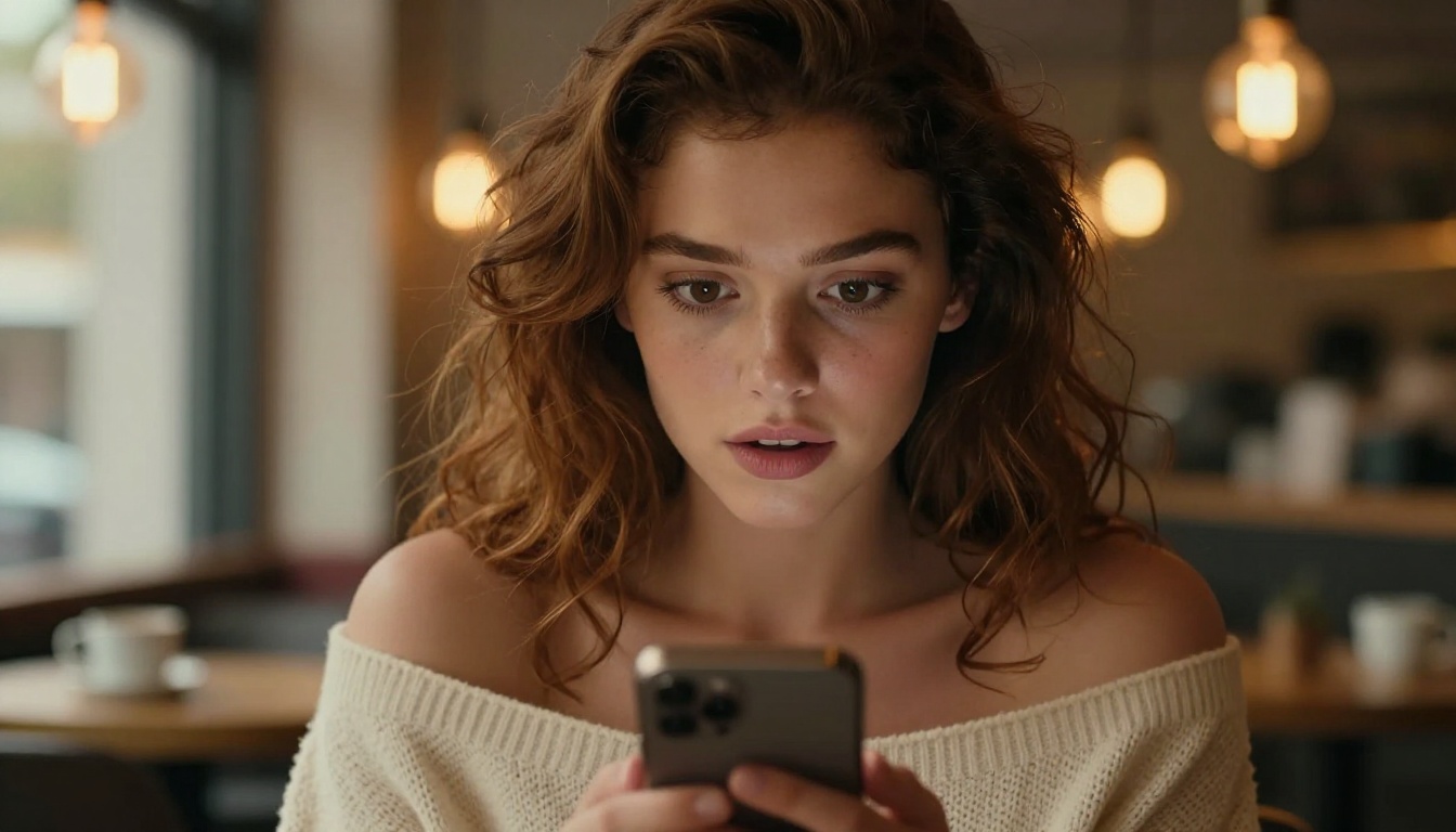 Woman reading messages on her phone at a warmly lit cafe, close-up portrait Woman reading messages on her phone at a warmly lit cafe, close-up portrait