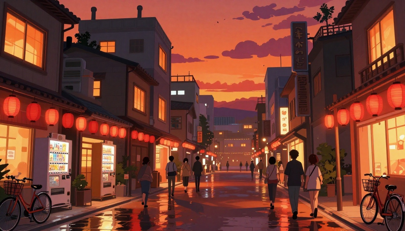 Vibrant 2.5D anime Japanese city street with cel-shaded layered parallax depth at dusk Vibrant 2.5D anime Japanese city street with cel-shaded layered parallax depth at dusk