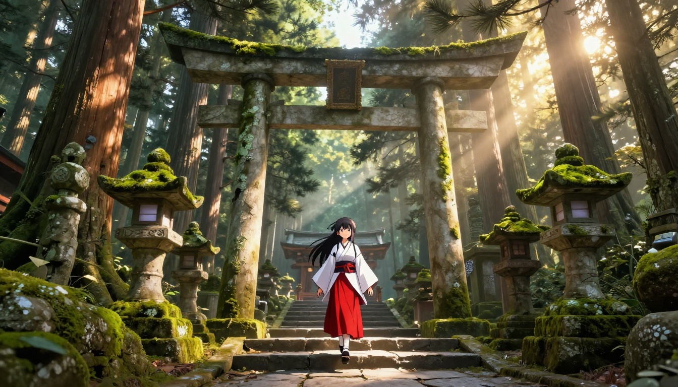 Full 3D anime forest shrine environment with volumetric god rays and miko character on stone steps Full 3D anime forest shrine environment with volumetric god rays and miko character on stone steps