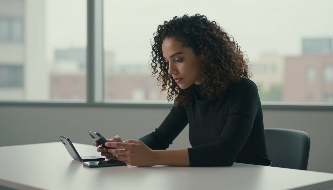 Confident woman comparing two smartphones at a minimalist desk, city skyline Confident woman comparing two smartphones at a minimalist desk, city skyline