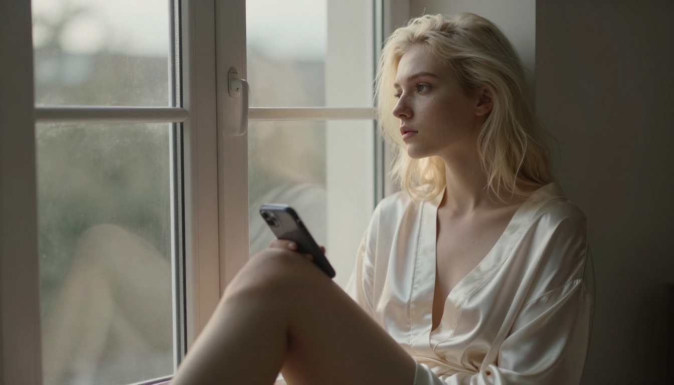 Young woman in satin robe seated at a window, soft overcast natural light Young woman in satin robe seated at a window, soft overcast natural light