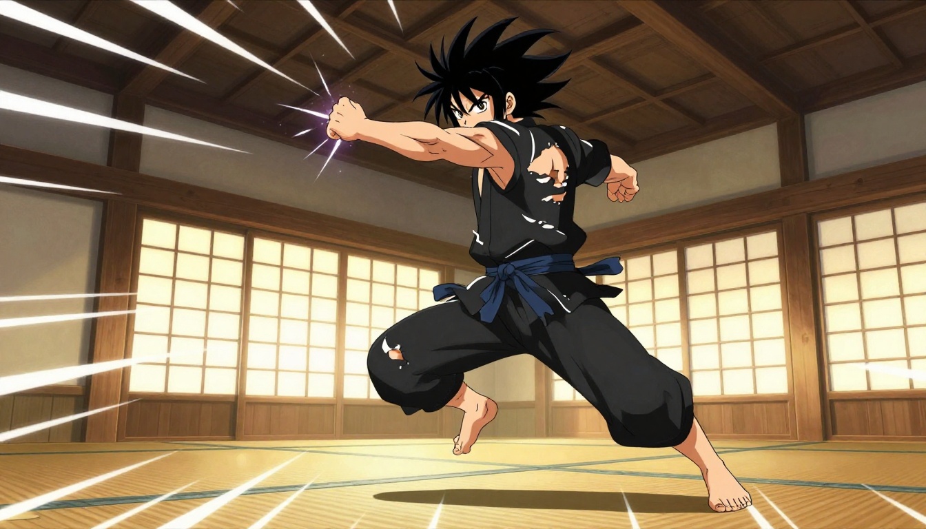 2.5D anime warrior in mid-combat leap with stylized speed lines and cel-shaded impact effects 2.5D anime warrior in mid-combat leap with stylized speed lines and cel-shaded impact effects