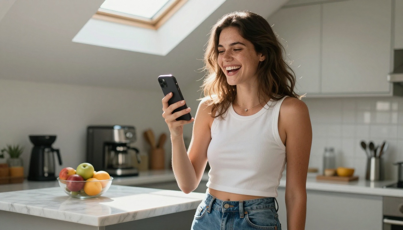 Woman laughing in a sunlit modern kitchen, candid natural moment Woman laughing in a sunlit modern kitchen, candid natural moment