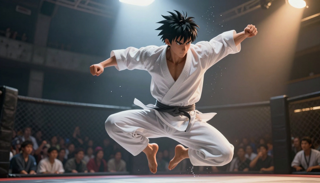 Full 3D anime martial artist mid-air in cinematic tournament arena with dramatic overhead spotlight Full 3D anime martial artist mid-air in cinematic tournament arena with dramatic overhead spotlight