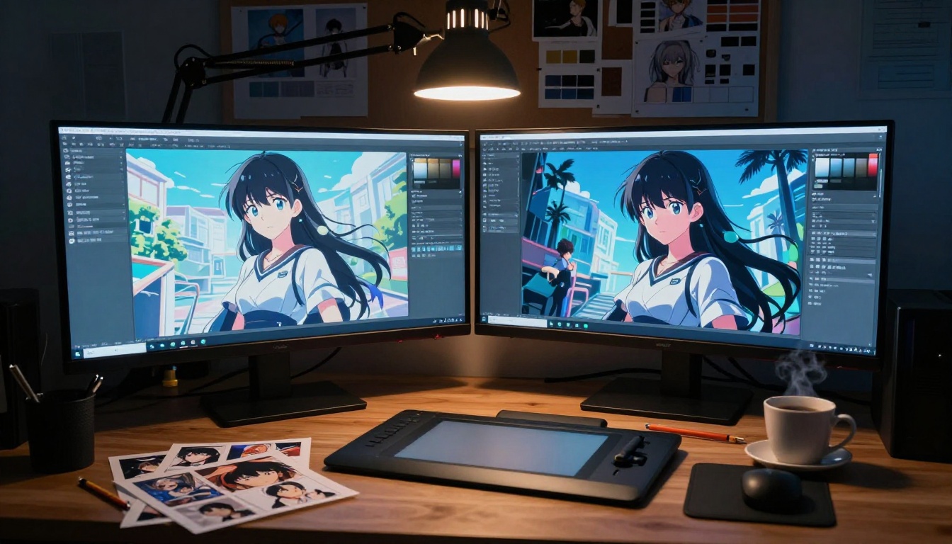 Professional digital artist studio at night with dual monitors showing 2.5D and 3D anime AI outputs Professional digital artist studio at night with dual monitors showing 2.5D and 3D anime AI outputs