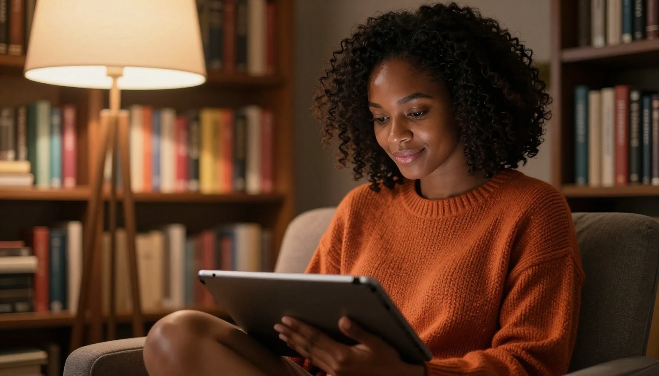 Dark-skinned woman with natural hair reading on a tablet, warm evening lamp light Dark-skinned woman with natural hair reading on a tablet, warm evening lamp light
