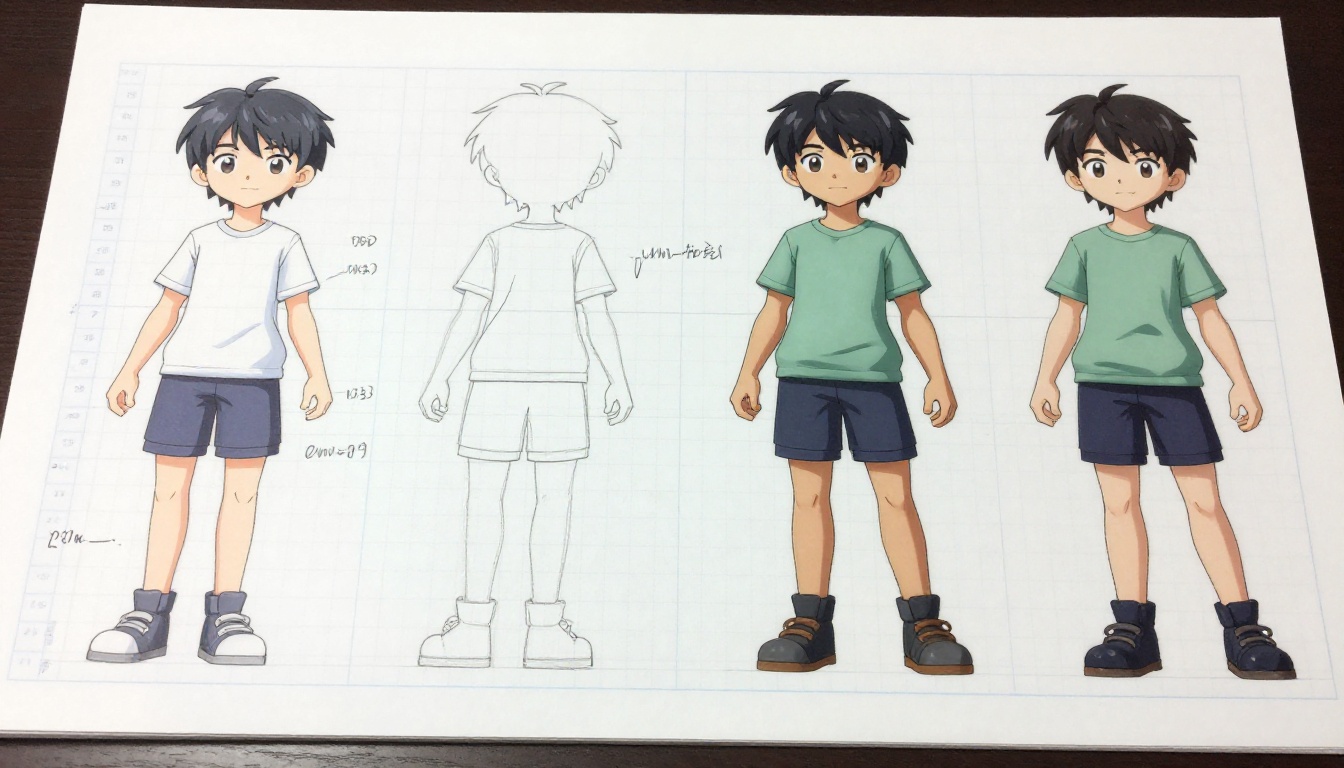 Anime character design sheet comparing 2.5D cel-shaded turnarounds and full 3D model renders side by side Anime character design sheet comparing 2.5D cel-shaded turnarounds and full 3D model renders side by side