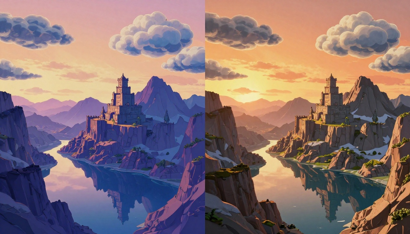 Split-landscape comparing 2.5D anime stylization versus photorealistic full 3D rendering of the same fantasy scene Split-landscape comparing 2.5D anime stylization versus photorealistic full 3D rendering of the same fantasy scene