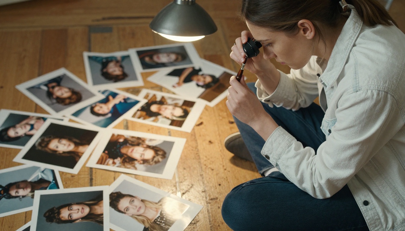 Photographer sitting on a studio floor surrounded by printed photos Photographer sitting on a studio floor surrounded by printed photos