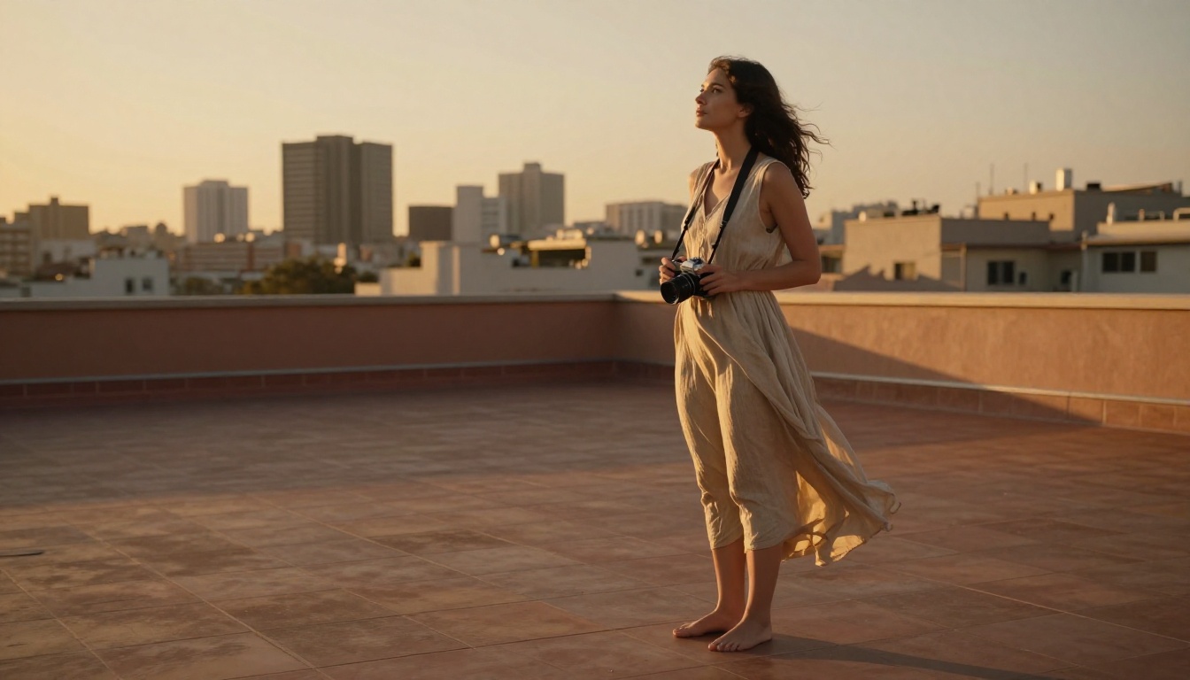 Woman in a linen dress standing on a rooftop terrace at golden hour Woman in a linen dress standing on a rooftop terrace at golden hour